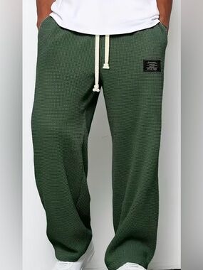 Men's Forest Green Waffle Knit Drawstring Casual Pants